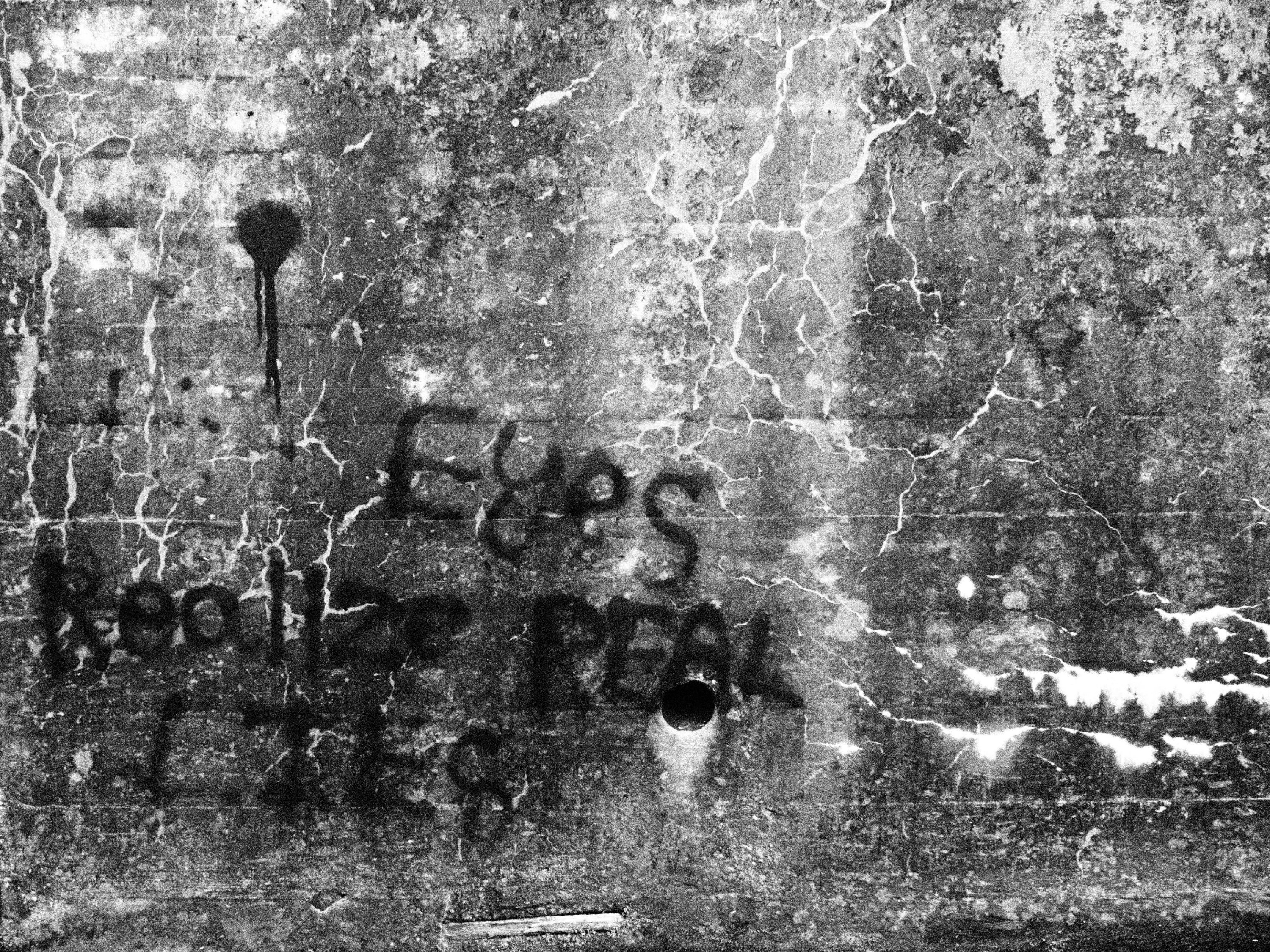Graffity writing on cracked concrete: "Eyes realize real lies"